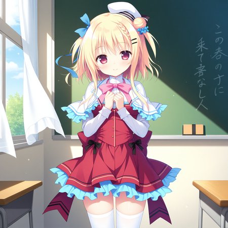<lora:Futaba_Mikana_1_nai-000034:1>,Futaba Mikana,short hair with long locks,two side up,single hair bun,blue scrunchie,braid,hairclip,hair ribbon,blue ribbon,
school uniform,white headwear,mini hat,white thighhighs,white capelet,pink bow,red skirt,red dress,white shirt,collared shirt,pink bowtie,frilled capelet,frilled skirt,dress bow,black bow,frilled collar,long sleeves,
BREAK
1girl,solo,smile,standing,straight-on,looking at viewer,front view,curtains,window,wind,day,classroom,chalkboard,own hands together,hands on own chest,floating hair,