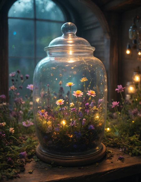 Glowing flower field inside Apothecary Jar,Bokeh,Grim,Neon Light,intricate,elegant,in a witch's hut,books,cauldron,window,herbs,cutecore,<lora:xl_more_art-full_v1>,<lora:Fairy_Style_SDXL:0.2>