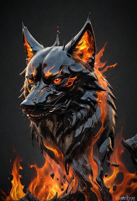 (masterpiece))
a wolf head,
HDR, hyper realistic, 
Black goo,
godly auburn light, flames,