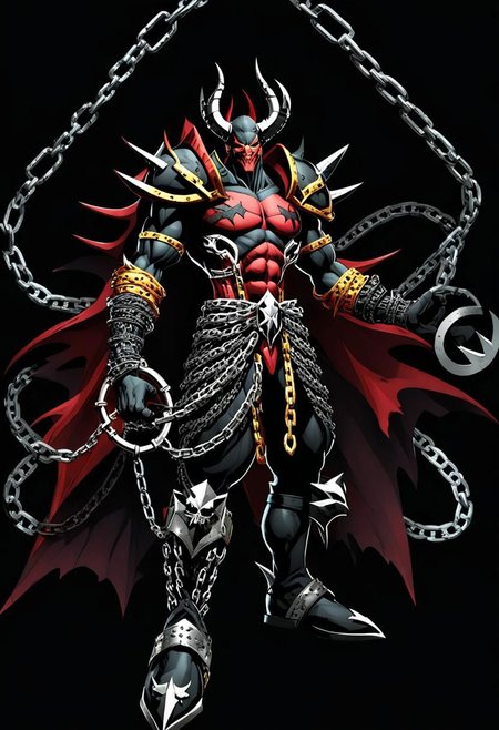 ncrender of spawn as a demon lord covered in chains and belts, black background
