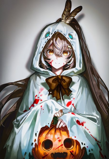 1girl, nanashi mumei, virtual youtuber, long hair, brown hair, very long hair, jack-o'-lantern, bangs, hair ornament, halloween, blood, solo, hood, feathers, multicolored hair, blood on clothes, ghost costume, feather hair ornament, cloak, looking at viewer, halloween costume, streaked hair, holding vegetable, pumpkin, brown eyes, bow, hood up, holding, smile, blood on face <lora:quasarcakeXL_NBVP1_lokr_V6311P:0.95>