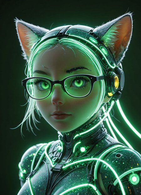cinematic photo neon green, cat robot girl, glasses, neon wires, giving in, downfall,  <lora:Biol:0.36> ais-blmn <lora:add-detail-xl:1> <lora:IOS_Iridescent_opal_style:0.25> <lora:sss:0.8>, 35mm photograph, film, bokeh, professional, 4k, highly detailed, detailed skin texture, (blush:0.5), (goosebumps:0.5), subsurface scattering