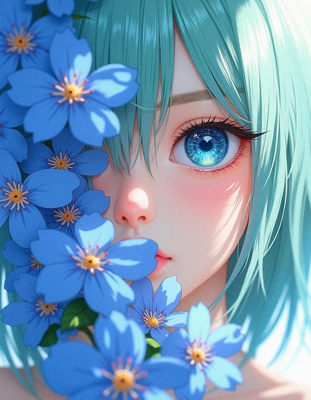 Envision a delicate anime-inspired portrait of a character with pastel blue and green hair, whose face is partially enveloped by a cascade of blue flowers. Their single visible eye, a stunning shade of blue, reflects intricate gem-like patterns that add a fantastical, otherworldly quality. The flowers, blooming in a gradient of blue shades with subtle accents of pink and white, seem to be a natural extension of the character, as if they are a part of them. Set against a soft, blurred background, the flowers and skin textures are emphasized, bringing out the ethereal and dreamlike essence of this fusion between human and nature.

Visual Aesthetics to Enhance Photorealism:
Slight lens flare to suggest natural light.
Veined, realistic leaf textures.
High-resolution details on flower pollen.
Accurate depiction of skin’s micro-textures.
