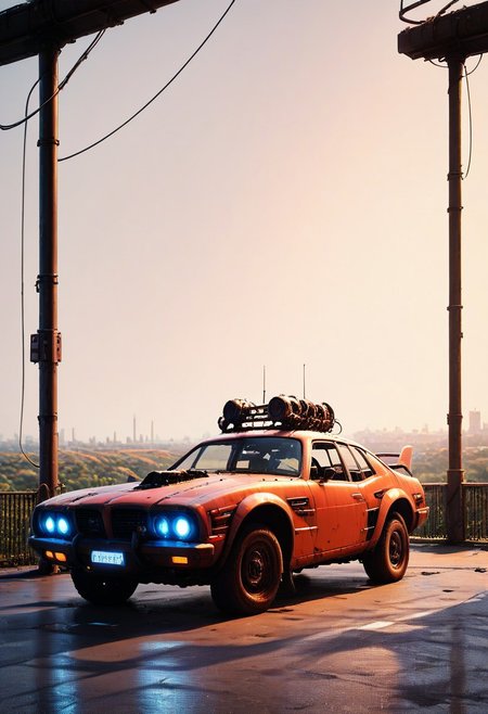 masterpiece,best quality,amazing quality,very aesthetic,high resolution,ultra-detailed,absurdres,newest,scenery,depth of field,scenery,volumetric lighting, beautiful, looking at you, score_9, score_8_up, score_7_up,evi@decrepPunk, car