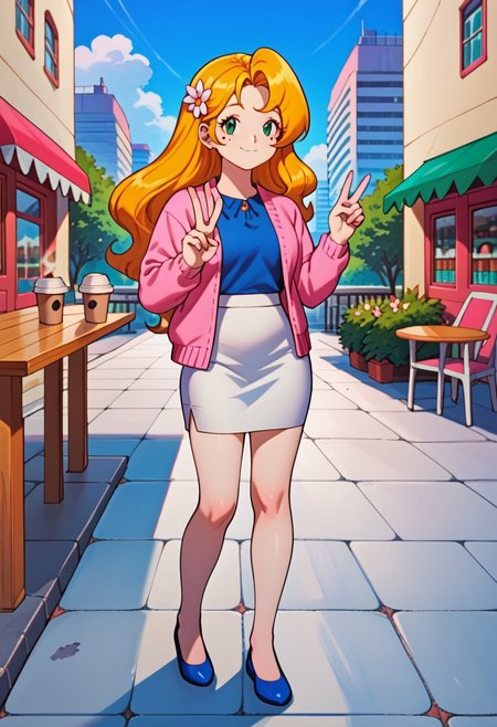 ((coffee shop background)),score_9, score_8_up, score_7_up,score_6_up, 1girl, Solo, full body, 
<lora:PMSensationalSisters_epoch_10:0.8> 
PMDaisy, blonde hair, long hair, green eyes, hair flower, mole under eye, pink cardigan, blue shirt, white skirt, pencil skirt, blue shoes,
smile, looking at viewer, v, outdoors, cafe, day, sunbeam, city, table,