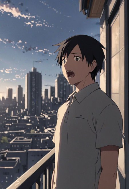 Highres, Masterpiece, High Quality, 4K, 8K, solo, 1Boy, Takaki Toono, adult, black hair, short hair, high-rise rooftops, city view, wide sky, strong wind, portrait, enthusiastic, excited, standing, dramatic, window, balcony, building, easynegative, detailed_eye_model