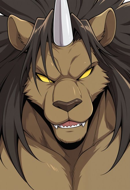 masterpiece,best quality,amazing quality, 1boy, solo, g4z3ll3, anthro lion boy, bara, brown fur, dark brown fur, colored sclera, no pupils, horn, dark brown hair, close up, smug,