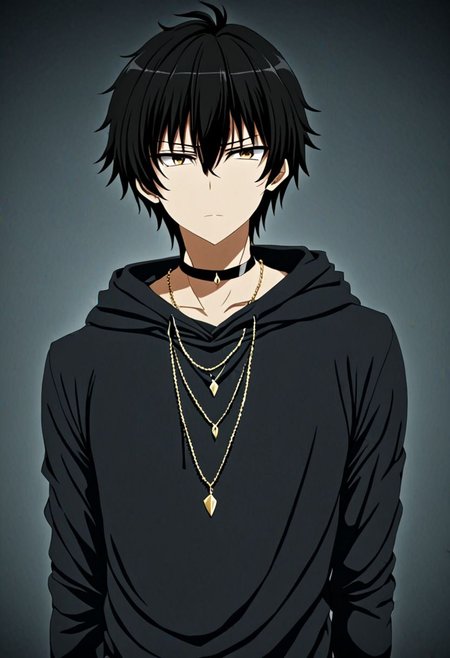 high resolution, solo, best quality, 1Boy, Seiya Kanie, black hair, short hair, thin, bangs, necklace, choker, hair between eyes, Hoodie, OverallDetail