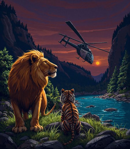 The wild is fading, its last guardians standing against the encroaching tide of steel and smoke. A lion and a tigress remain, their presence both powerful and vulnerable in a world that no longer belongs to them.  

The lion, a sovereign of the untamed, carries the weight of his lineage in every movement. His golden mane, thick and radiant, catches the dying light, its strands rippling with a defiant glow. His amber eyes burn with something ancient—an unshaken spirit that refuses to bow, even as the thunderous roar of an approaching machine splits the air.  

The tigress, sleek and battle-worn, watches with sharp intensity. Her striped coat, once a perfect camouflage, now stands stark against the decaying remains of nature. Muscles coiled, ears attuned to the mechanical heartbeat of the world beyond, she senses what the lion already knows—there are fewer places left to run.  

Above, the rhythmic pulse of a helicopter shatters the silence, its relentless blades slicing through the poisoned sky. A spotlight glares through the thick haze, an unfeeling gaze scanning the last remnants of the wild. It does not see them as kings, as hunters, as legends. It sees only subjects to be recorded, data to be stored, an anomaly in a world now ruled by progress.  

Beyond, the land bears the scars of invasion. The river, once a pure and glistening artery of life, is now tainted with the sheen of industry. Its slow-moving waters carry the weight of chemical decay, reflecting not the stars, but the artificial glow of distant floodlights. The air, once filled with the whispers of trees and the scent of rain, now carries the acrid taste of smoke and iron. The jungle, shrinking with every passing day, stands in silent protest against a future it cannot stop.  

Yet the lion and the tigress remain. They do not flee. They do not yield. They are the last echoes of something greater—warriors of a kingdom erased by hands that will never understand what they have taken.  

And for this moment, they still exist. Not conquered. Not forgotten. Not yet.  

cinna flow, Simon Stalenhag Style, cybergore, monster, teeth