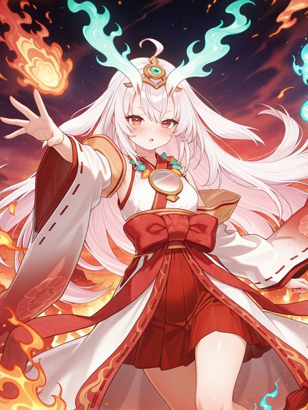 oni girl, kurikara divincarnate, 1girl, solo, looking at viewer, blush, pink hair, open mouth, white ribbon-trimmed sleeves, white sleeveless kimono, gold headpiece, mirror necklace, red bow, red hakama, blue fire, outstretched hand, fire
masterpiece,best quality,amazing quality,very aesthetic,absurdres,newest,<lora:Kurikara Divincarnate illuXL v1:0.84>,