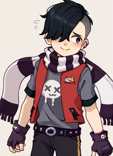 score_9, score_8_up, score_7_up,   <lora:bsedgar:1> ear bsedgar    , 1boy , short hair , black hair, hair over one eye,piercing, solo,striped scarf  ,red vest , grey shirt,  short sleeves, belt , black pants ,black gloves,   fingerless gloves, blush,  nervous smile,  <lora:Yagi_the_Goat_Style:1>by s1120411