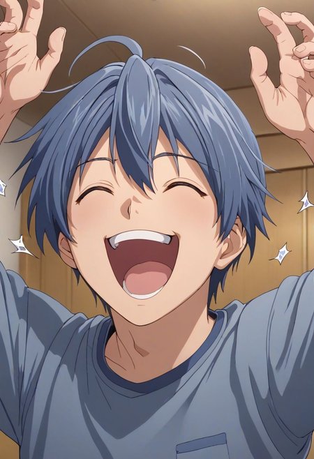 high resolution, solo, best quality, 1Boy, Tomoya Okazaki, Grey Blue Hair, laughing, tickled, OverallDetail
