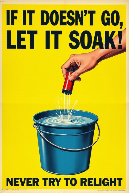 A vintage poster with a simple, direct message. It shows a hand dropping a malfunctioning firework into a bucket filled with water. Bold, black text on a bright yellow background emphatically states: "IF IT DOESN'T GO, LET IT SOAK! Never Try to Relight." Focus on the definitive action for dealing with duds.  <lora:REMEs_War_Poster_Style:0.95> In REME's War Poster Style,âââ