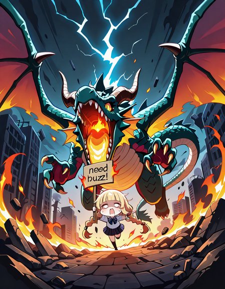 masterpiece,best quality,amazing quality,ultra detailed,very aesthetic,absurdres,motion_lines,speed_lines,motion_blur,dynamic_angle,cinematic_angle,remains,rubble_ruins,dark,fire effects,the effect of lightning,splashing,blonde hair,twin braids,blunt bangs,very long hair,large_wings,asymmetrical_wings,messy hair,flying,dragon_ wing,dragontail,dragon horn,chibi,sharp_fingernails,school_uniform,outstretched_arms,comes in the flames from your mouth,sweat,running,dragon,running away from dragon,<lora:NeedBuzz_sign_Illustrious:1>,need_buzz,dragon holding sign,bust,solo,