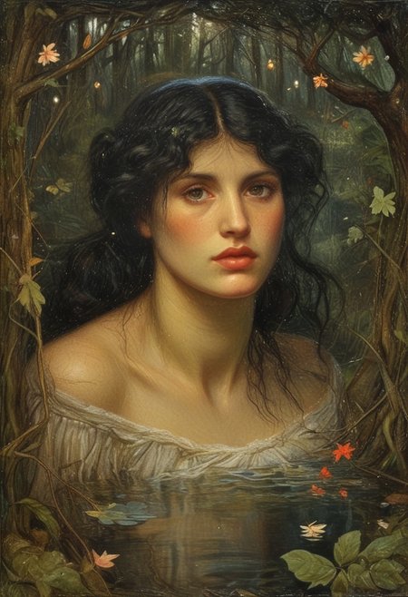 John William Waterhouse Style page, cinematic film still , beautiful sunlit,weak lights and shadows, preraph, beautiful woman, black hair, glowing goddess in the pool,natural elements in forest theme. Mysterious forest,beautiful forest,nature,surrounded by flowers,delicate leaves and branches surrounded by fireflies (natural elements),(jungle theme),(white glow leaves),(glow red branches),(white fireflies),(golden particle effects),approaching perfection,dynamic,highly detailed,smooth,sharp focus,art by Carne Griffiths and Wadim Kashin,trending on artstation,sharp focus,intricate details,highly detailed,by greg rutkowski,mysterious,epic,cinematic,create a photo realistic image that the viewer has never envisioned before,the image should demonstrate extreme creativity,imaginative,bold,inspiring,original in subject,original in style,amazing composition,intricately detailed,absurdly complex,. shallow depth of field,vignette,highly detailed,high budget,bokeh,cinemascope,moody,epic,gorgeous,film grain,grainy,