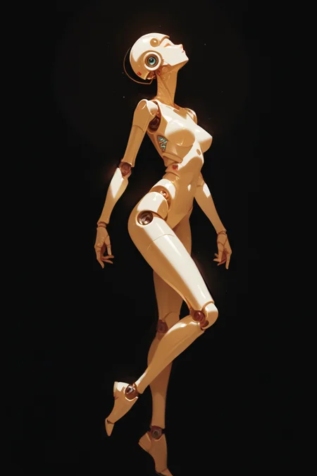 1girl, solo, full body, joints, breasts, standing, science fiction, robot, standing on one leg, black background, robot joints, humanoid robot, medium breasts, zPDXL3, detailxl,  Score_PnyReal, (lineless:1.5)