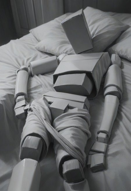 score_9, score_8_up, score_7_up, score_6_up,  highly detailed, realistic, cyberpunk,  BoxPerson, monochrome, greyscale, no humans, robot, mecha, humanoid robot, undressing, clothes lying around