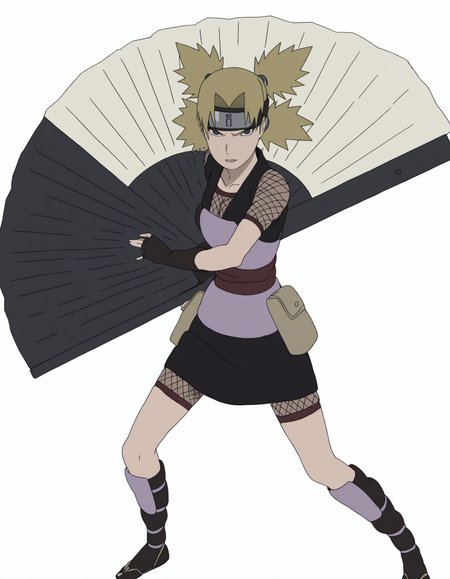 full body, solo, perfect composition, shadows, shading, <lora:anime_screencap-Illustrious:0.65> anime screencap, anime coloring, very aesthetic, absurdres, zPDXL, <lora:Pony_DetailV2.0:0.5> <lora:illustrious_quality_modifiers_masterpieces_v1:1>
<lora:Temari:1> temari, 1girl, quad tails, forehead protector, female focus, looking at viewer, serious, fierce expression, defined lips, posing, fighting pose, bent knees, holding fan, weapon, white fan, giant folding fan, hand fan, fan spread,
 shpdn_outfit, black vest, purple armor piece, pouch, gloves, fingerless gloves, fishnets, shin guards, boots
(white background:1.2),