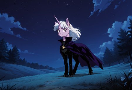 score_9, score_8_up, score_7_up, anime screencap, BREAK, Twilight Sparkle, a purple unicorn with purple eyes and white mane and tail,  source_feral, cloak, outdoors, night sky, night, black leotard, source_anime, retro anime style