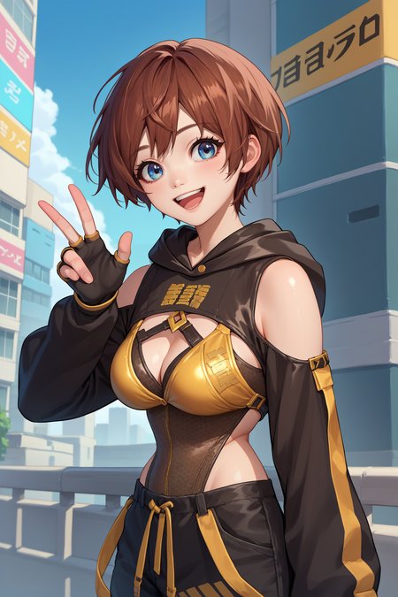 score_9, score_8_up, score_7_up, score_6_up, source_anime, 1girl, solo  <lora:sblily-pdxl-nvwls-v1-000005:1> sblily, brown hair, short hair, blue eyes, leotard, cleavage, black sleeves, hood down, bare shoulders, long sleeves, black pants, fingerless gloves, happy, looking at you, big breasts, city, blue sky, upper body