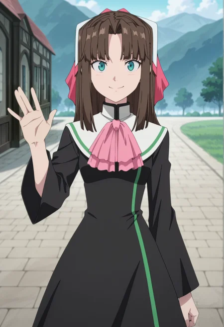 anime screenshot, anime screencap, anime coloring, 1girl, brown hair, aqua eyes, hair ribbon, sidelocks, black tunic, white collar, pink ascot, outdoors, gardent, looking at viewer, smile, cowboy shot, waving <lora:Maria_seikishi:1>, masterpiece, best quality, amazing quality, very aesthetic, absurdres, highres, newest