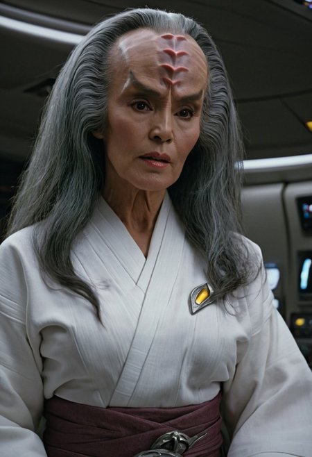old Klingon female, flashing her breasts and nipples, grey hair, 8k, high resolution, cinematic scene, on a spaceship, white cotton kimono style uniform, kimono open clothes in the front exposing her breasts, very detailed face, detailed eyes, matching eyeballs++, detailed irises, dark lighting, dark hair, (mouth closed).