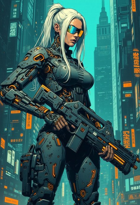 mad-cbrpnksplshrt full of details but with faded outlines, white braded hair cyborg girl soldier in combat armor with one robotic arm and one robotic leg holding a pulse rifle with glowing energy panels, and in the background new york city disintegrating into the matrix behind, best quality, sharp image,