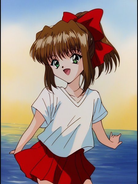 score_9, score_8_up, score_7_up, source_anime, rating_explicit, BREAK  <lora:Imouto_SG_XL:1>Imouto_SG, brown hair, short hair, hair bow, green eyes, red bow, ponytail, bangs, flat chest, short stack, solo,
smile. white short sleeve. red skirt, standing, open mouth,
looking at viewer, 
cowboyShot,
outdoor, sky,