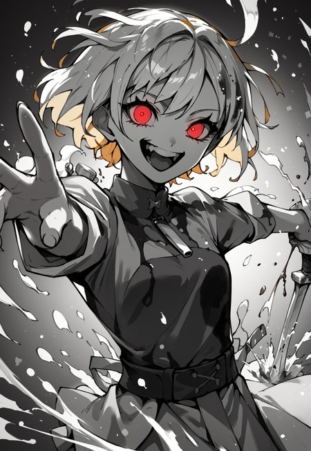 zPDXL3, score_9, score_8_up, score_7_up, source_anime, 1girl, weapon, sheath sword, cowboy shot, looking at viewer, crazy smile, open mouth, black drops, particles, ink splash, dynamic pose, greyscale, red eyes, blonde hair, 