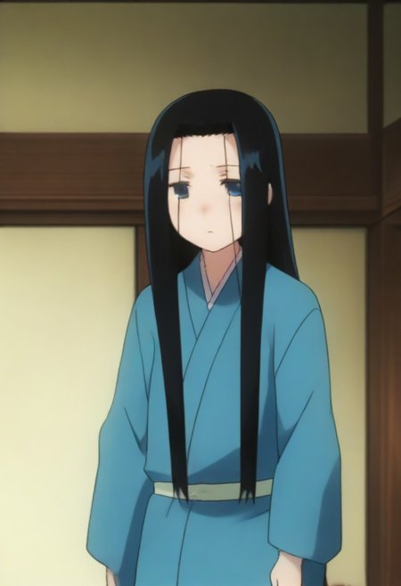 Masterpiece, Top Quality, source_anime, anime screencap, source_anime, auratheguillotine, anime screencap, masterpiece, source_anime, shiny skin,,,,anrakutei, blue_eyes, black_hair, very_long_hair, blue_kimono, long_sleeves, wide_sleeves,