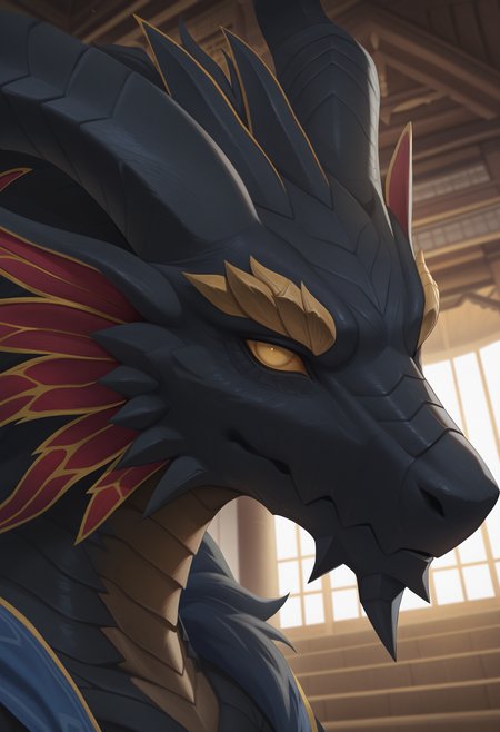 best quality, newest, absurdres, highres, (masterwork, masterpiece, best quality, hyper-detailed :1.3), 

1boy, solo,


b4h4_ffx, dragon, dark skin, yellow sclera, no pupils, close up, side angle, looking at viewer,

temple, inside, 
