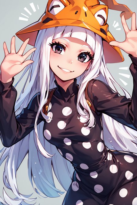score_9, score_8_up, score_8, medium breasts, (curvy), cute, eyelashes,       BREAK, , zzEruka, black eyes, white hair, blunt bangs, long hair, orange hat, polka dot dress, black dress, black sleeves, pantyhose,    <lora:ErukaFrog_SoulEater_PDXL_v2:1.0>, , BREAK, looking at viewer, ,,, smile, waving, upper body, leaning forward, head tilt, ,,, embedding:zPDXL, Expressiveh, ,,, <lora:CatalystStylePDXL:0.6>, <lora:SDXLFaeTastic2400:0.5>, <lora:Expressive_H-000001:0.4>,