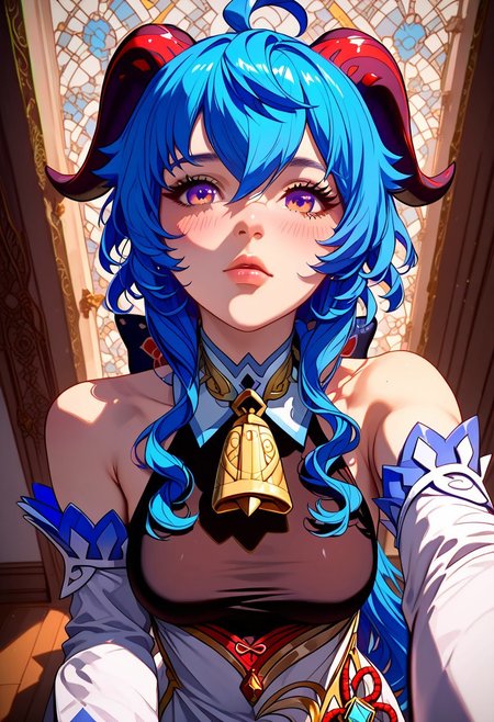 score_9, score_8_up, score_7_up, score_6_up, score_5_up, score_4_up score_9,score_8_up, (anime, masterpiece, intricate:1.3), (best quality, hires textures, high detail:1.2), (4k),(incredibly detailed:1.4), realistic illustration, partially illuminated, GLSHS, 1girl, ganyu, blue hair, long hair, low ponytail, ahoge, horns, bare shoulders, black pantyhose, detached sleeves, dress, gloves, embarrassed expression, blushing, cosplay, selfie, camera pov, above view, pale skin, indoors, close up, nsfw, posing, unique angle,