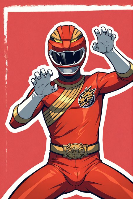 score_9,score_8_up,score_7_up,male focus,ultra-detailed,high resolution,digital painting,8k,1boy,solo,cowboy shot,male focus,detailed face,helmet,mask,belt,white gloves,bodysuit,tokusatsu,red bodysuit,bulge,claw pose,spread legs, red background,<lora:add-detail-xl:1>,<lora:LYDart StyleIlluLYCO:0.3>,ydart,<lora:Wild Force Red Ranger:0.7>,w1ldf0rce red,