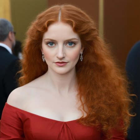 (masterpiece, best quality, highly detailed, realistic), professional portrait of preraph in a off shoulder  red dress, outside of a Hollywood movie premier, long frizzy red hair, blue-green eyes, facing the viewer, very close up
<lora:Pre-Raphaelite_Model_SDXL:1> preraph