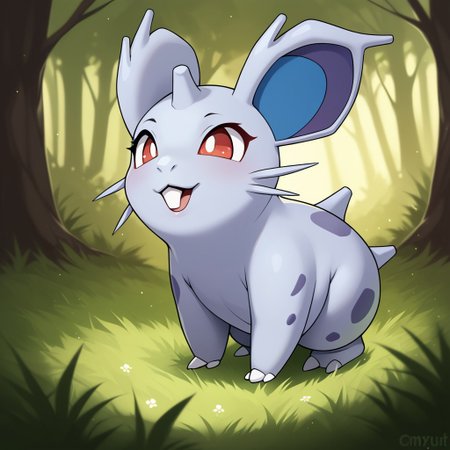 score_8_up, score_7_up, score_6_up, source_anime,, rating_explicit, BREAK solo,  mouth, ,smile , ,female, ,cute,anthro, ,,,cute ,cute head,,(creature),,,  , , , ,,cute,,mouth,,,forest,tree, ,mustache, , rabbit tooth, , nidoran,freal,