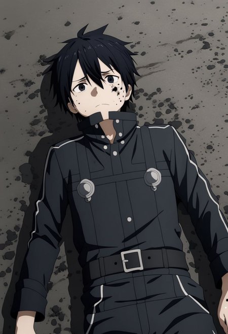 high resolution, professional photography, best quality, 1Boy, Kirigaya Kazuto, Black Hair, Black Eyes, overalldetail, lying down, conquered, hurt, dying, battered, blank stare, bruised