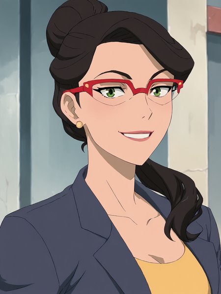 score_9, score_8_up, score_7_up,  score_6_up, BREAK, V1ck1V4l3, 1girl, solo, black hair, green eyes, earrings, single hair bun, red-framed eyewear, smile, looking at viewer  <lora:Vicki_Vale:1>