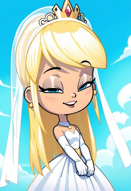 score_9_up, score_8_up, score_7_up, wide shot, 1girl, beautiful, pinystyle, long hair, blonde, crown, gold earrings, wearing bride dress, blue sky, duckface, half closed eyes, joyful