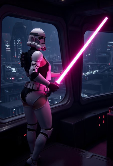 "Execute order 69" where woman character in a sexy stormtrooper-inspired outfit, holding a pink lightsaber standing at the windows on the main bridge of a Star Destroyer. The scene is set inside a large, futuristic, and dimly lit command bridge.
, aidmafemalecosplay, aidmaHyperrealism, aidmaimageupgrader,aidmaTextImprover, aidmaImageUpdater, aidmahyperrealsim,