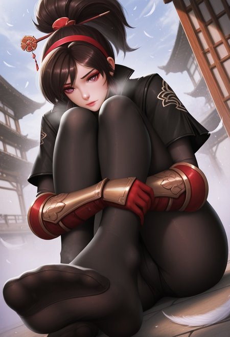 kukuyosama,  outdoors, undershirt, falling feathers, black bodysuit, hair stick, hugging own legs, , gauntlets,   eyeshadow,   red gloves,  high ponytail,  , black capelet, red hairband, pink eyes, 1girl, solo, feet, visible breath,   dynamic angle, foreshortening, smell, steam,