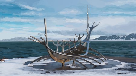 ##Image Captioning##
A sculpture of a boat with a bunch of forks sticking out of it's sides in the snow, Art & Language, award - winning photography, a surrealist sculpture, ecological art, sun voyager, Iceland,  Reykjavík, Nordic island country, Sólfar,  Viking ship, Jón Gunnar Árnason.
##txt2img##
Oil painting, highly detailed and vivid colors, various shades of blue, and stunning light reflections. digital art, digital painting, matte painting, megascans