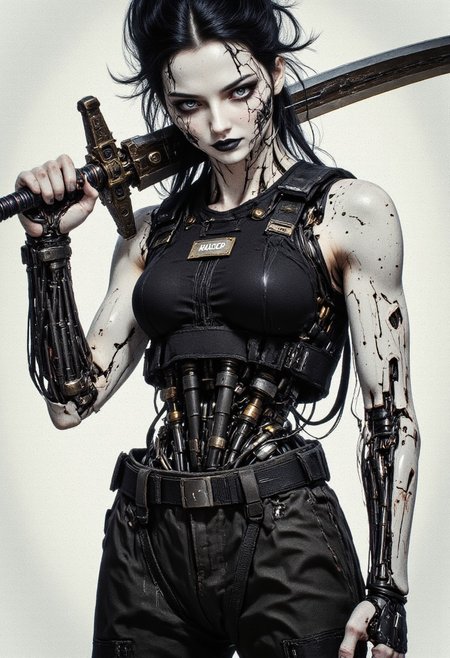 This is a highly detailed, hyper-realistic digital artwork in a cyberpunk style. The subject is a female character with a pale, almost albino complexion, FictionalCrystal, a goth girl with heavy black eye makeup and black lipstick. black tousled updo hair, showcasing a sleek, mechanical aesthetic. Her skin is adorned with intricate circuitry and cybernetic implants, giving her an otherworldly appearance. She has a lean, athletic build and a stern, focused expression. She wears a black, tactical vest over her chest, adorned with various pouches and straps, indicating a preparedness for combat or survival. The vest has a small, rectangular label on the chest that reads "HACKER." Her attire includes loose, dark pants that are slightly baggy and feature a utility belt with various pouches and tools. The character wields a large, curved sword with a hilt wrapped in black material, held across her back diagonally, indicating she is ready for combat. Her left arm is a cybernetic limb, with exposed wires and mechanical parts visible. R3alisticF