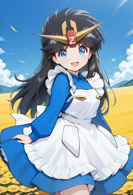 ZetaChan, v-fin, tiara, blue eyes, black hair, long hair, blue dress, long sleeves, white apron, <lora:ZetaChan_illustrious_ver1:0.8> 
smile, open mouth,, masterpiece, best quality, general,, 1girl, solo, (field:1.2), (blue sky:1.2), looking at viewer,, (cowboy shot, dynamic pose:1.4),