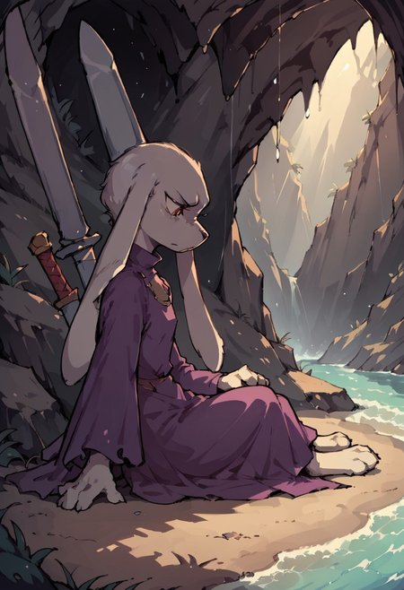 score_9,score_8_up,score_7_up, cave, shadow, lighting, king, purple dress, long ears, side view, ocean, looking down at the water, sword on the ground, sitting on the ground