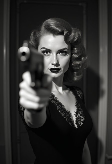1930s redhead housewife, gorgeous face, Hedy Lamarr lookalike, sultry beautiful petite, black lace dress, hollywood lighting, black and white. pointing a gun at viewer, eye contact, about to fire gun.