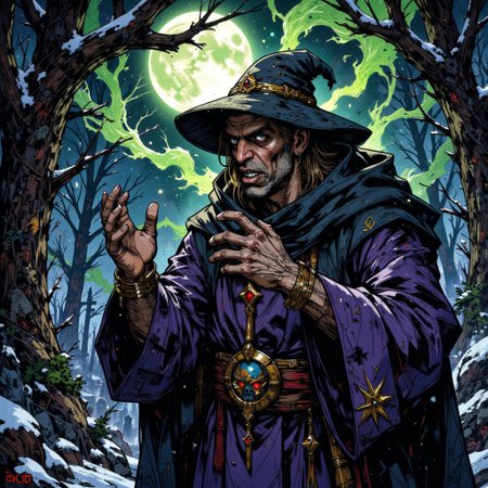 A highly detailed and vibrant digital painting in the style of ck-ib, DGC style, gaunt withered old man, pale  skin, blue eyes, wearing a cylindrical monk kalimavkion cap, and elaborate purple monk robes with embroidered stars on the hems.  He prays, a poisonous green evil mist hangs low to the ground, an cold winter moon shines a cold moonlight upon this evil scene, horror-themed.  Dark fantasy, snowy graveyard, dead trees and frost, dramatic, high-contrast lighting. Theme is action, hunt and aggression.  Dark fantasy, a snowy forest clearing, detailed textures and dramatic.