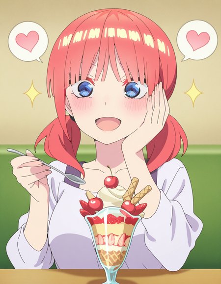 masterpiece, best quality, amazing quality,, <lora:nino-nakano-honeymoon-illustriousxl-lora-nochekaiser:1>, nino nakano, short hair, bangs, blue eyes, twintails, pink hair, blunt bangs, medium hair, eyebrows hidden by hair, mature female, breasts, anime screencap, <lora:parfait-illustriousxl-lora-nochekaiser:1>, parfait, open mouth, heart, food, sparkle, fruit, happy, hand on own face, spoken heart, ice cream, strawberry, spoon, hand on own cheek, cherry, holding spoon, , ,