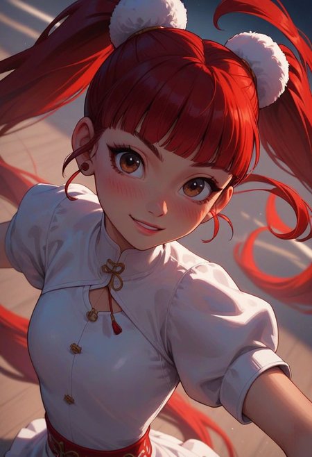 score_9, score_8_up, score_7_up, score_6_up, 
1girl, 25 years old, perfect face, cute, petite, close view, portrait, face focus, depth of field, looking at viewer, 
brown eyes,
red hair, very long hair, twintails, sidelocks, blunt bangs, floating hair,
pom pom (clothes), black red kung fu dress, puffy short sleeves, 
blush, shy smile, 
figure skating, ice skating, skating rink, ice skates, dynamic angle, dynamic pose, 
winter,