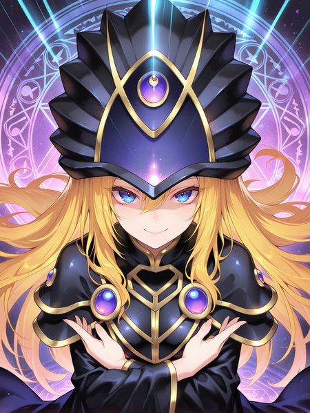 dark doriado,1girl,solo,looking at viewer,closed mouth,upper body,smile,black robe,black wizard hat,crossed arms,from above,light rays,magic,magic circle, 
masterpiece,best quality,amazing quality,very aesthetic,absurdres,newest,<lora:Doriado 4 in 1 illusXL v1.1:0.7>,